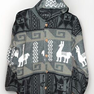 Hooded Alpaca Pattern Button-Up Cardigan Sweater - Gray & Cream